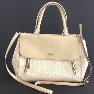 GUESS Rhett Beige Top Handle Monogram Satchel Shoulder Strap GUESS 1981 Logo